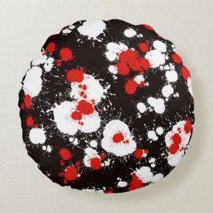 Black, White and Red Paint Splatter Round Pillow