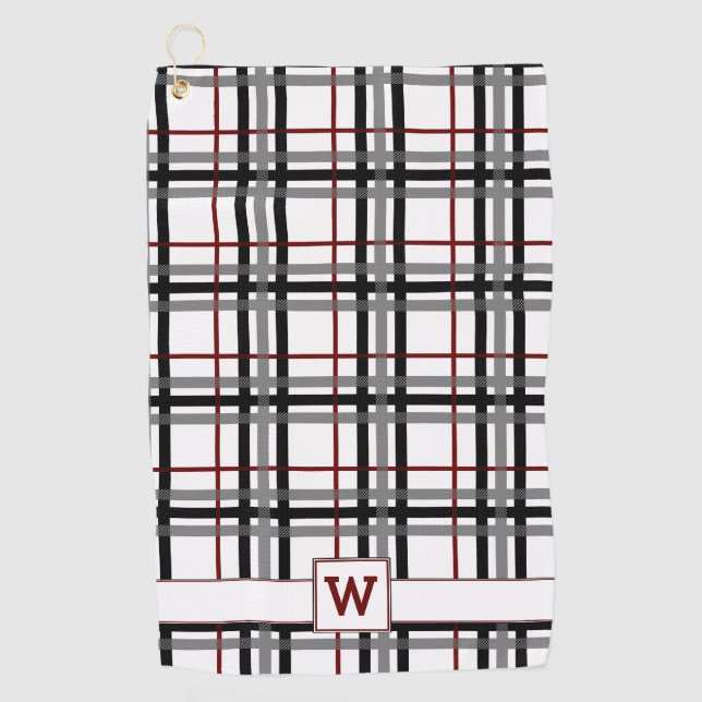 Black White and Red Plaid Golf Towel (Front)