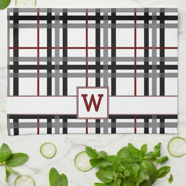 Black White and Red Plaid Kitchen Towel (Folded)