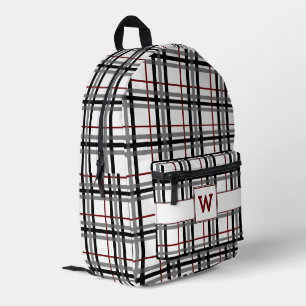 Black White and Red Plaid Printed Backpack