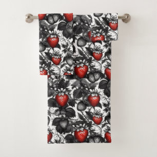 Black, White, and Red Strawberries All Over Bath Towel Set