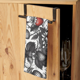 Black, White, and Red Strawberries All Over Kitchen Towel