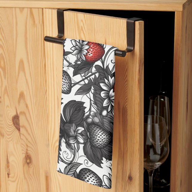 Black, White, and Red Strawberries All Over Kitchen Towel (Thirds Fold)