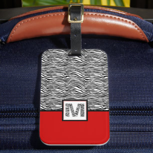 Black White and Red 🦓 Zebra Monogram Luggage Tag