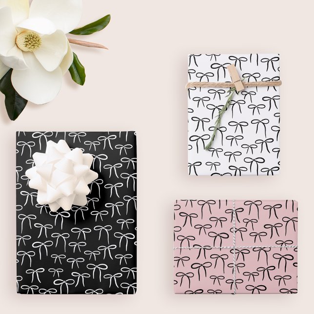 Black White and Rose Simple Bows Pattern Wrapping Paper Sheet (set of three gift wrapping sheets with coordinating pattern of black and white simple bows plus pink)