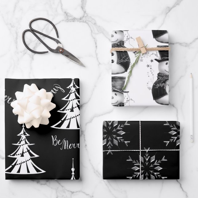 Black, White and Silver Christmas Wrapping Paper Sheet (Front)