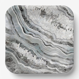 Black White and Silver Geode Digital Art Paper Plate