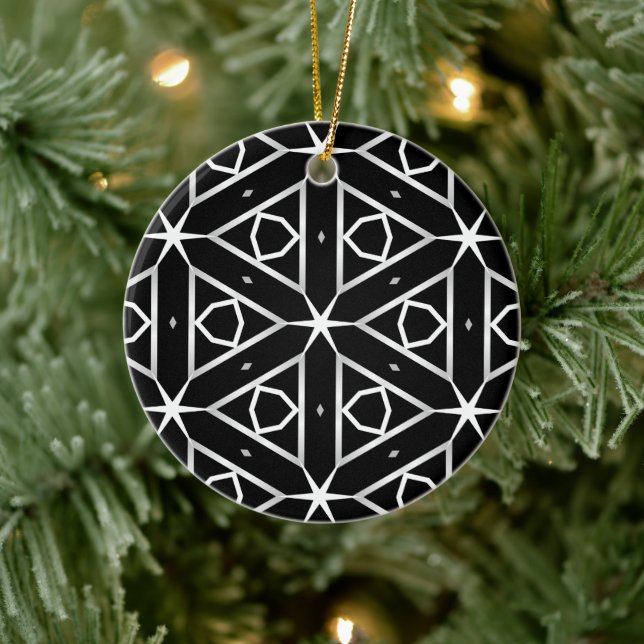 Black White and Silver Geometric pattern Ceramic Ornament (Tree)