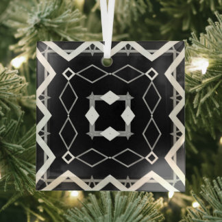 Black White and Silver Geometric pattern Glass Ornament