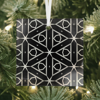 Black White and Silver Geometric pattern Glass Ornament
