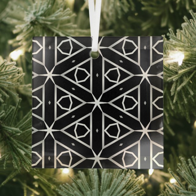 Black White and Silver Geometric pattern Glass Ornament (Insitu)