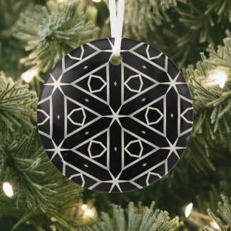 Black White and Silver Geometric pattern Glass Ornament