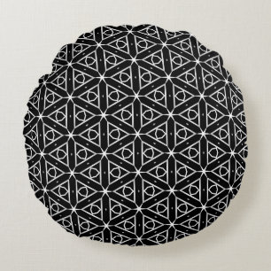 Black White and Silver Geometric pattern Round Pillow