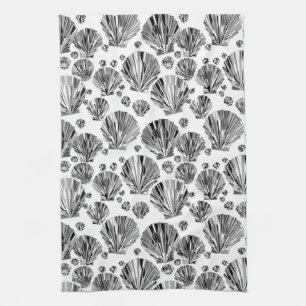 Black, White and Silver Grey Sea Shells Kitchen Towel