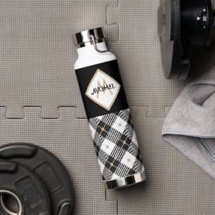 Black White and Tan Lumberjack Plaid Monogrammedc Water Bottle