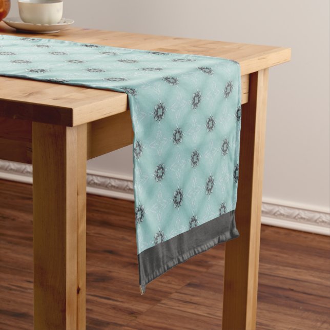 Black, White, and Teal Diamond Facets Short Table Runner (In Situ)