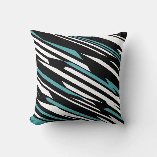 Black, White, and Teal Linear Abstract Pattern Throw Pillow (Front)