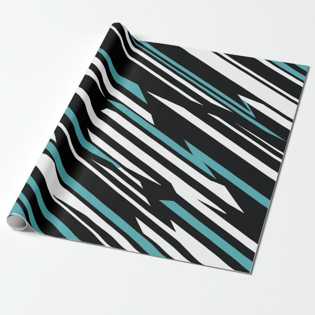 Black, White, and Teal Linear Abstract Pattern Wrapping Paper (Unrolled)