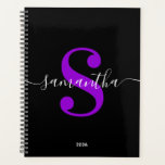 Black White and Violet Modern Style Monogram Planner<br><div class="desc">A personalized monogram in a white trendy style modern calligraphy paired with a bright violet purple elegant modern font. 
Increase or decrease the font size as needed for your monogram.
Customize the minimalist solid black background colour.
Keep the school year date format,  or change to suit your needs.</div>