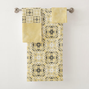 Black, White, and Yellow Checkered Pattern Bath Towel Set