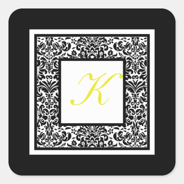 Black, White, and Yellow Damask Monogram Sticker (Front)