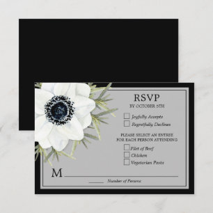 Black & White Anemones Botanical Wedding RSVP Card