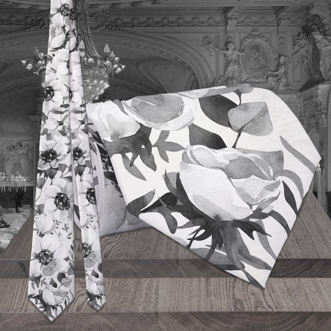 Black & White Anemones Eucalyptus Floral Wedding Tie (Creator Uploaded)