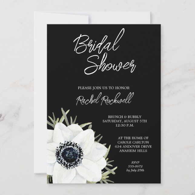 Black White Anemones Floral Bridal Shower Invitation (Front)