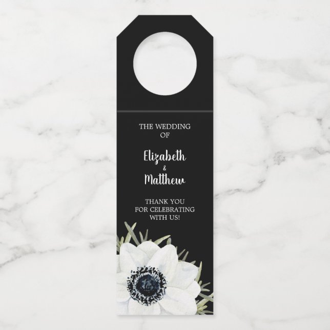 Black White Anemones Floral Wedding Bottle Tag (Front)