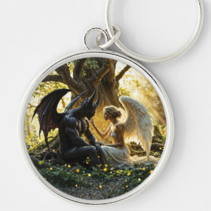 Black white angel demon mystical forest keychain
