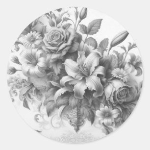 Black & White Antique Floral Perfection Classic Round Sticker