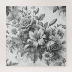 Black & White Antique Floral Perfection Jigsaw Puzzle
