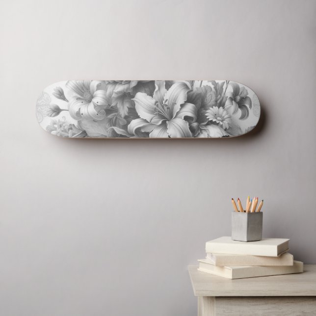 Black & White Antique Floral Perfection Skateboard (Wall Art (Horz))