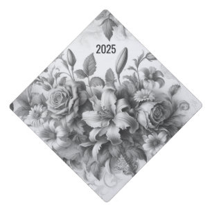 Black & White Antique Floral Perfection w Year Graduation Cap Topper