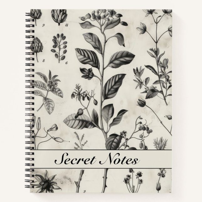 Black  White Antique Old Botanical 2 Notebook (Front)