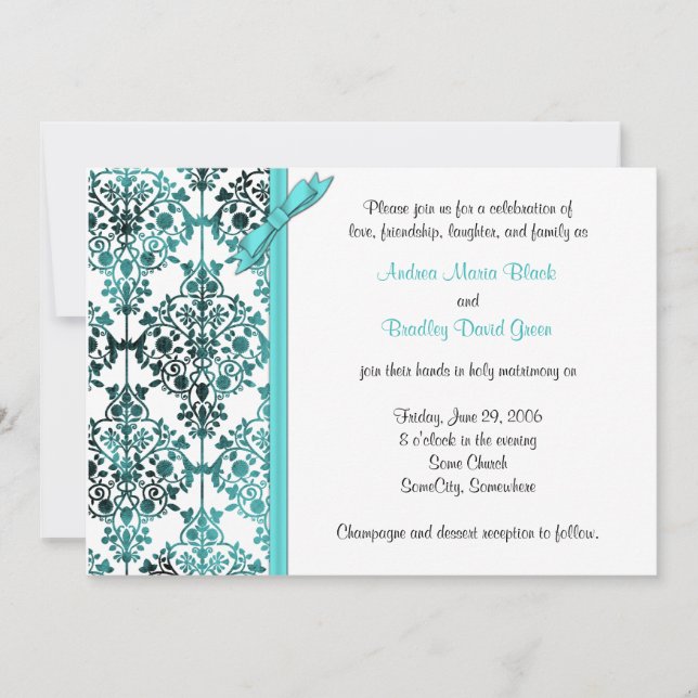 Black White Aqua Damask Floral Faire-part de maria (Devant)
