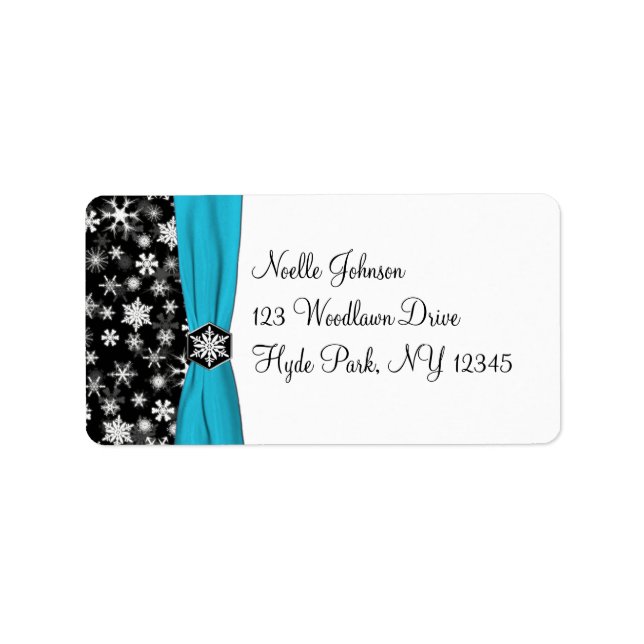 Black, White, Aqua Snowflakes Address Label (Front)