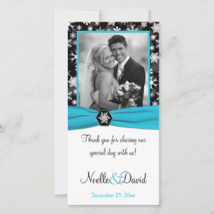 Black, White, Aqua Snowflakes Wedding Photo Card
