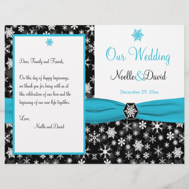 Black, White, Aqua Snowflakes Wedding Program (Front)
