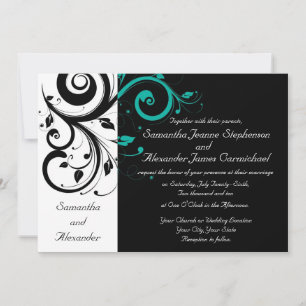 Black White Aqua Swirl Invitations de mariage