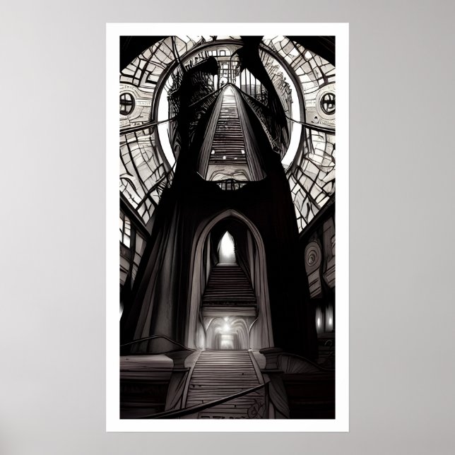 Black & White Art Deco Stairways To Where? Poster (Front)