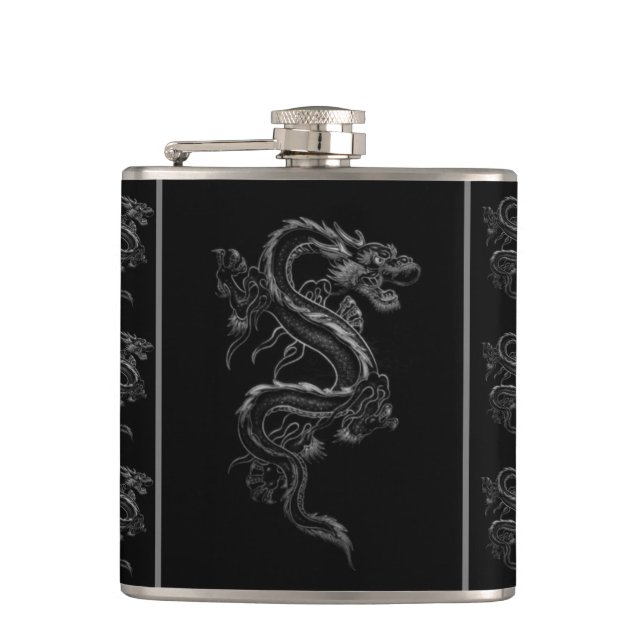Black & White Asian Dragon Hip Flask (Front)