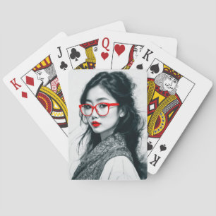 Black White Asian Lady Portrait Red Lips And Glass Playing Cards