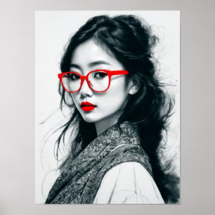 Black White Asian Lady Portrait Red Lips And Glass Poster