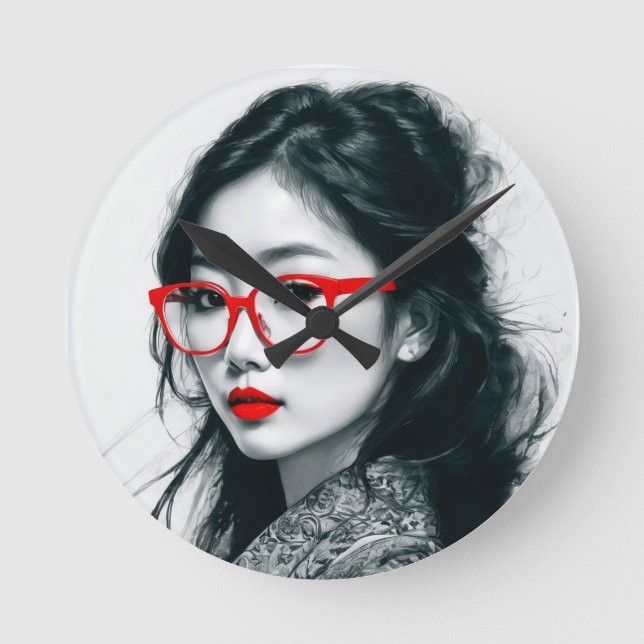 Black White Asian Lady Portrait Red Lips And Glass Round Clock (Front)