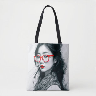 Black White Asian Lady Portrait Red Lips And Glass Tote Bag