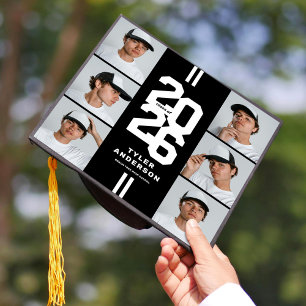 Black White Athletic Grad Photo Collage Graduation Cap Topper