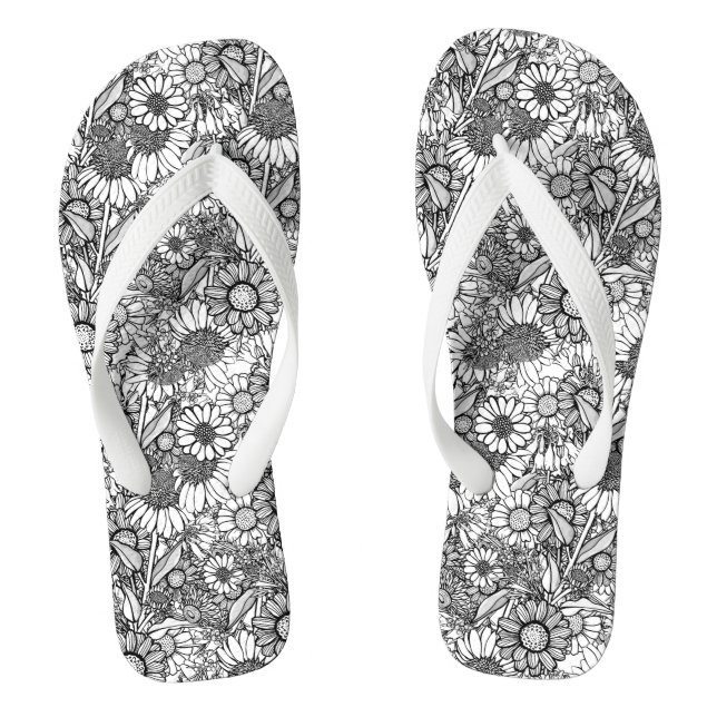 Black & White Australian Wildflower Garden Flip Flops (Footbed)