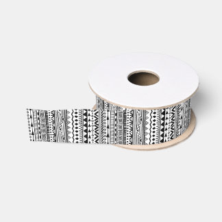 Black White Aztec Tribal Print Geometric Pattern Grosgrain Ribbon