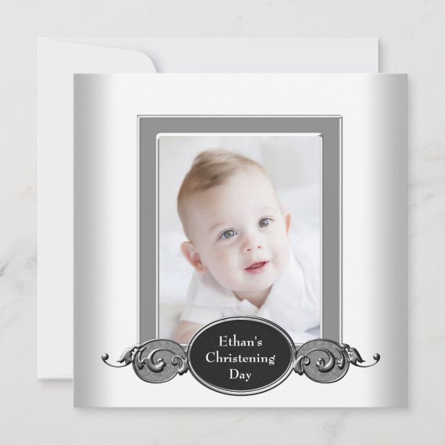 Black White Baby Boy Photo Christening Invitation (Front)